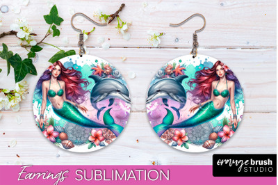 Mermaid Earrings PNG - Watercolor Mermaid Round Earrings PNG