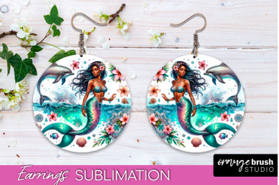 Mermaid Earrings PNG - Watercolor Mermaid Round Earrings PNG