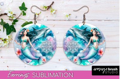 Mermaid Earrings PNG - Watercolor Mermaid Round Earrings PNG