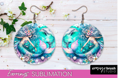 Mermaid Earrings PNG - Watercolor Mermaid Round Earrings PNG