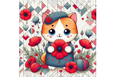 Cute Cat Holding a Red Poppy