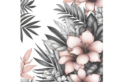 Tropical coral flowers and leaves on black and white background