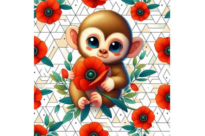 Cute Monkey Holding a Red Poppy