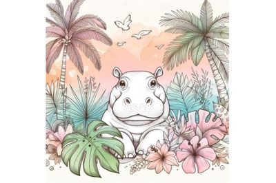 tropical summer watercolor hippo