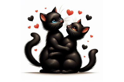 two black cats falling in love on white background