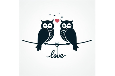 Two owls silhouettes on wire in love