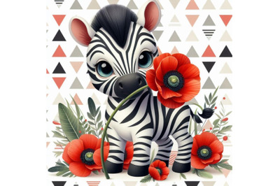 Cute Zebra Holding a Red Poppy