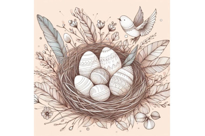 watercolor art bird nest with eggs