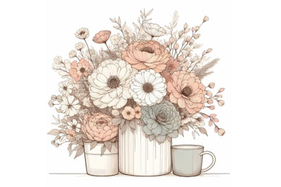 Watercolor bouquets of flowers in pot