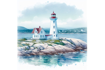 Watercolor picture of a beautiful white lighthouse in Peggy`s Cove