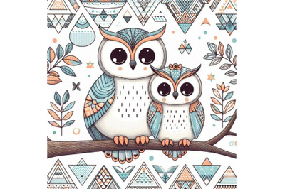 Cute owl couple sitting on tree branch