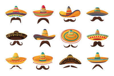 Mexican sombrero hats and mustache. Traditional sombreros with ethnic