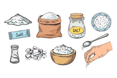 Sketch salt. Hand drawn pile of salt, corked glass jar and rock salt c