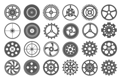 Flat gears. Mechanical cogwheels&2C; stencil machine gear icons for techn