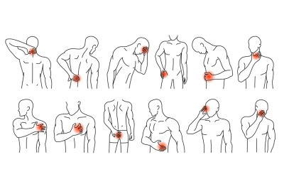 Human body pain spots. Man figures with highlighted areas of pain or d