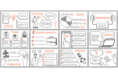 Hand drawn business presentation templates. Report slides with doodle