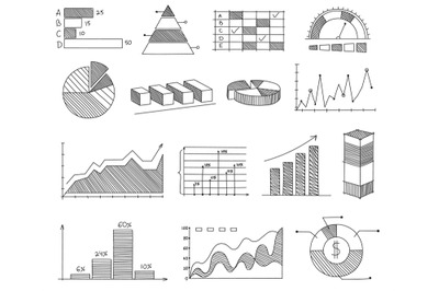 Hand drawn graphs and charts. Sketch business infographic elements&2C; ba