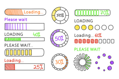 Hand drawn loading bar. Doodle progress indicators, circular download