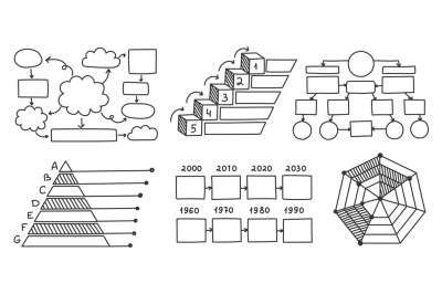 Hand drawn presentation charts. Sketch business step, pyramid and time