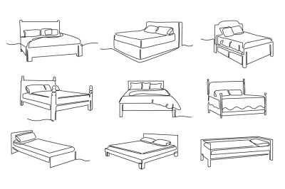 One line bed. Cozy bedroom furniture, minimalist line art single, doub