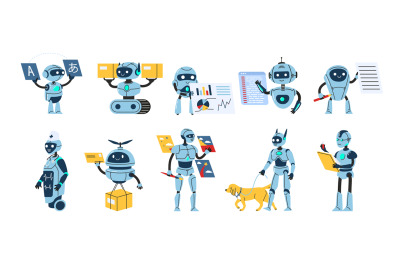 Robots at work. Bots for translation, package or mail delivery, progra