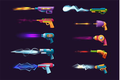 Futuristic shooting blasters. Laser guns, alien weapons with glowing s