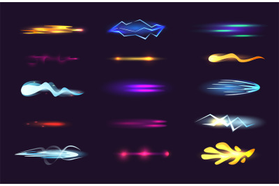 Cartoon shot effects. Light streaks and energy splashes, glowing lines