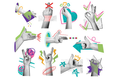 Halftone hand gestures collage. Mixed media hands compositions, pop ar