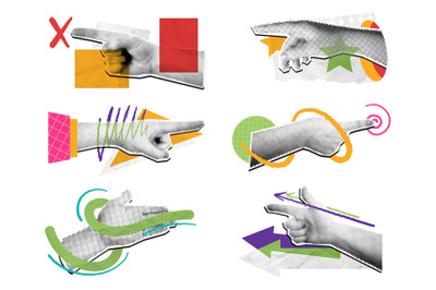 Halftone pointing hand collage. Mixed media direction hand gestures, p