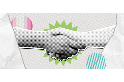 Halftone handshake collage. Win win deal, mixed media shaking hands sy