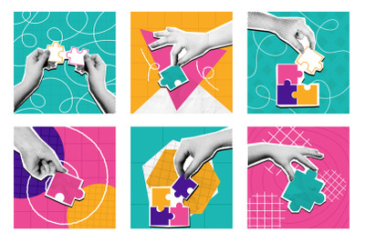 Halftone puzzle collage. Mixed media hands holding puzzle pieces, prob