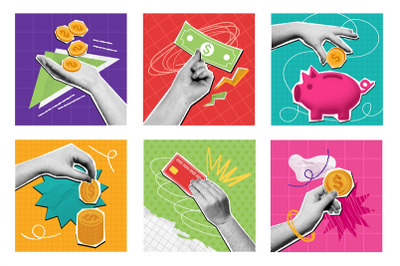 Halftone money collage. Mixed media hand holding coins, dollar bills,