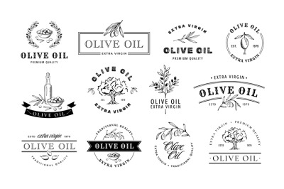 Olive oil emblem. Hand drawn labels for extra virgin oil or olive cont