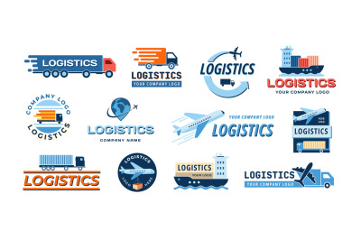 Logistics emblem. Transportation company icons with truck, airplane, s