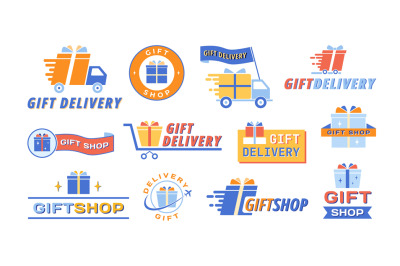 Gift delivery icons. Presents service or gift shop emblem with gift bo