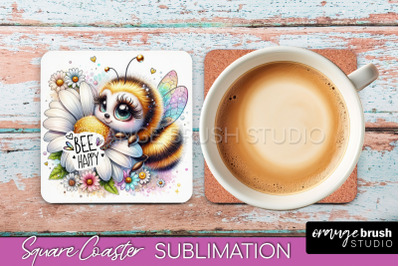 Watercolor Bee Square Coaster Sublimation - Bee Quote