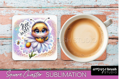 Watercolor Bee Square Coaster Sublimation - Bee Quote