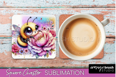 Watercolor Bee Square Coaster Sublimation - Bee Quote