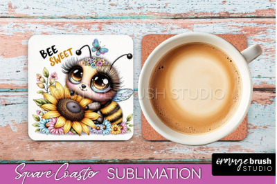 Watercolor Bee Square Coaster Sublimation - Bee Quote