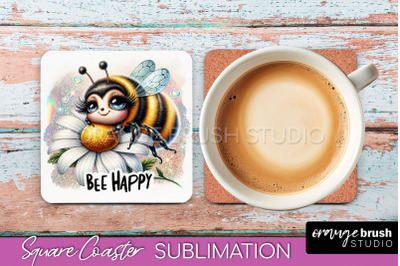 Watercolor Bee Square Coaster Sublimation - Bee Quote