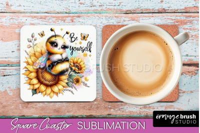 Watercolor Bee Square Coaster Sublimation - Bee Quote