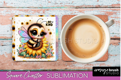 Watercolor Bee Square Coaster Sublimation - Bee Quote