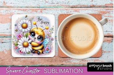 Watercolor Bee Square Coaster Sublimation - Bee Quote