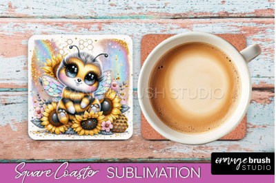 Watercolor Bee Square Coaster Sublimation - Bee Quote