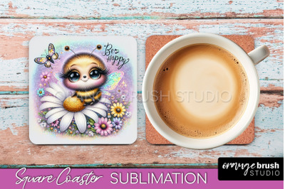 Watercolor Bee Square Coaster Sublimation - Bee Quote