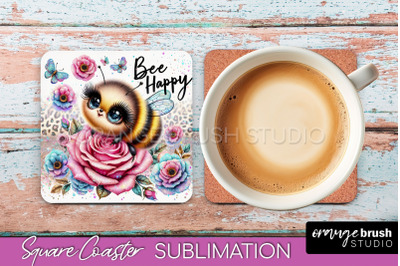 Watercolor Bee Square Coaster Sublimation - Bee Quote