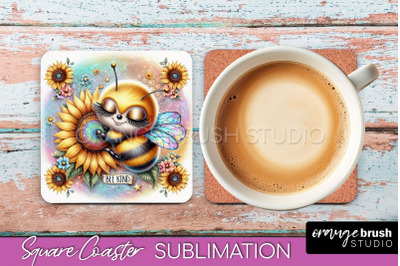 Watercolor Bee Square Coaster Sublimation - Bee Quote