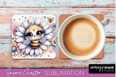 Watercolor Bee Square Coaster Sublimation - Bee Quote