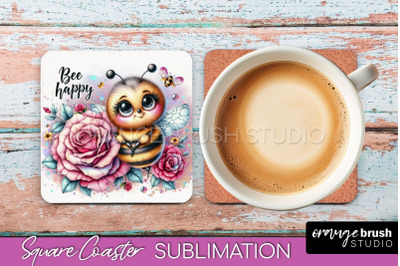 Watercolor Bee Square Coaster Sublimation - Bee Quote