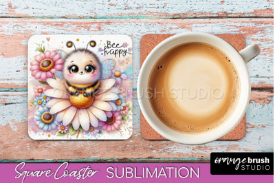 Watercolor Bee Square Coaster Sublimation - Bee Quote